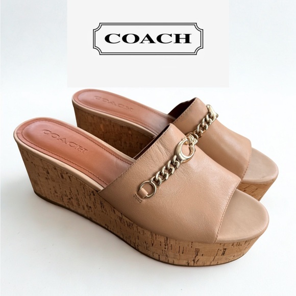 Coach Shoes - COACH Wendie Leather Cork Wedge Slide Sandals - Beechwood - 11B